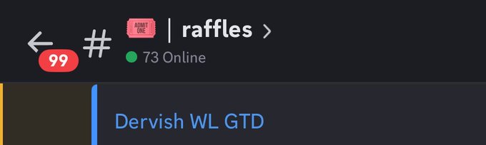 The image shows a webpage with information about an online auction, specifically concerning Raffles. It appears that there are live updates on the WL collab WL GTD site, indicating the availability of spots for Jesters participating in this auction. Additionally, there is a new post regarding Dervish WL GTD and how it relates to the auction. The image also displays a user's profile with a "@dervisheth" and "@VidarBtc" notification, which suggests that someone has viewed or shared this content in their Twitter profile.