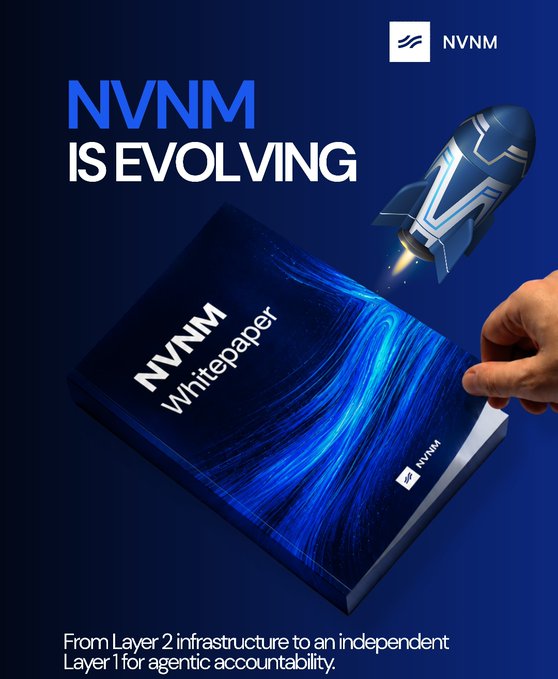 A promotional graphic for NVNM titled 'NVNM IS EVOLVING' shows a hand holding a blue 'NVNM Whitepaper' book with a rocket launching from it, and text reading 'From Layer 2 infrastructure to an independent Layer 1 for agentic accountability.'