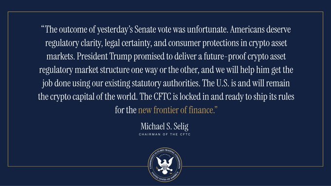 Identical to Image 7: A CFTC statement by Chairman Michael S. Selig about crypto regulation following a Senate vote, with 'new frontier of finance' highlighted in gold.