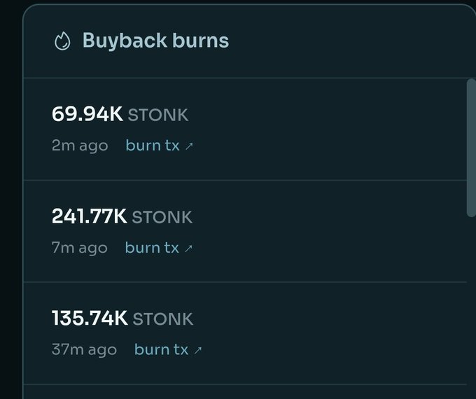 A 'Buyback burns' tracker displaying three $STONK token burns: 69.94K (2m ago), 241.77K (7m ago), and 135.74K (37m ago).