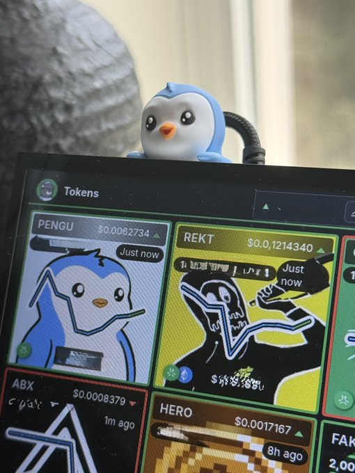 A small penguin figurine perched on top of a screen displaying crypto tokens including PENGU ($0.0062734) and REKT ($0.1214340).