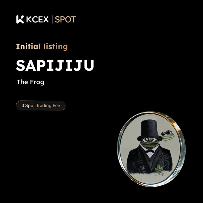 A KCEX Spot exchange announcement for the initial listing of 'SAPIJIJU' (The Frog), featuring a coin image of a frog dressed in a top hat and tuxedo.