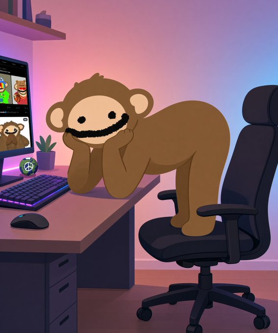 An animated cartoon of a brown monkey sitting at a gaming desk with a PC monitor displaying game characters, a keyboard, mouse, and office chair, set against a purple and pink gradient background.