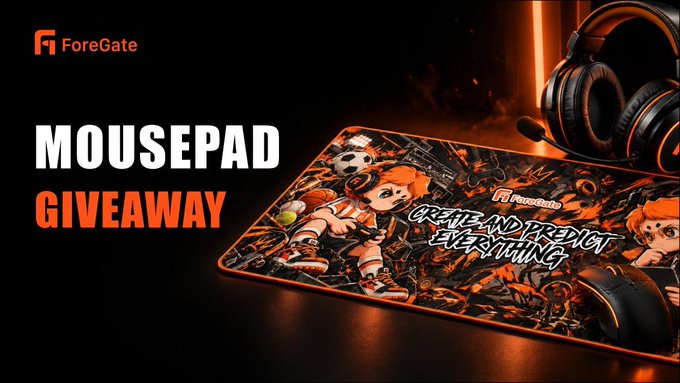 A promotional banner for a 'ForeGate MOUSEPAD GIVEAWAY' featuring an orange-themed gaming mousepad with anime-style characters and the text 'CREATE AND PROJECT EVERYTHING', alongside a gaming headset.