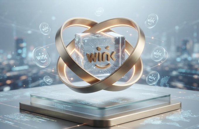 A 3D-rendered promotional graphic featuring a glowing transparent cube displaying a "win<" smiley face logo, surrounded by orbiting golden rings and floating coin icons against a futuristic cityscape backdrop.