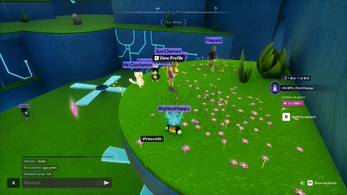 A screenshot from a Roblox game showing players with usernames like 'JustJames', 'Flepsid', 'BigNazHappy', '-Prescott-', and 'Mr.Customerr' in a green area with pink flowers, labeled 'The Winds' with a 'Hi-MFL First Charge' notification.