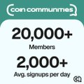 The image showcases a Coin Communities badge highlighting 20,000+ members with 2,000+ average signups per day, illustrating the platform's scale. This supports the post's pitch by demonstrating the large engaged community that tools like the mentioned multiplayer 3D virtual server (on three.ws) can tap into for any pumpfun coin.