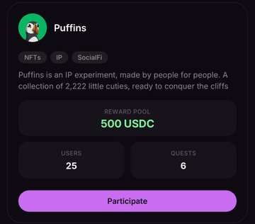 The image shows a post on social media with a purple background featuring a puffin character. The post appears to be about an experiment or project related to Bitcoin called "Puffins", which has been gaining attention from users. The post includes information about the project, such as its name and the number of participants involved. It also mentions that there is a reward pool for those who participate in the experiment.