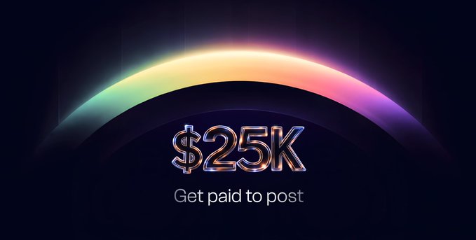 The image shows a large, colorful arc of hues across an abstract black background. The primary focus of the image is a promotional text that reads "Get paid for content you're already creating for free every day" with three exclamation points. The words are positioned near each other and at varying heights, drawing attention to their message. In addition to the main graphic, there's also an overlay of another colorful design featuring hues in shades of blue, green, yellow, orange, red, and pink. This additional design complements the primary text and adds visual interest to the overall composition. The positioning of the text on top of the colorful designs emphasizes that creating content for free is being rewarded with a monetary incentive, as it reads "Get paid to post."