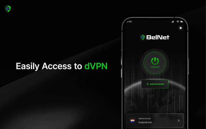 An advertisement for BelNet dVPN showing a smartphone interface with a green Connect button and the text 'Easily Access to dVPN' on a dark background.