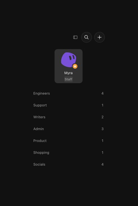 A Discord server settings page showing a profile icon labeled 'Myra' with the role 'Staff' and a list of categories including Engineers (4), Support (1), Writers (2), Admin (3), Product (1), Shopping (1), and Socials (4).