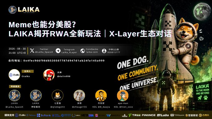 The image is a promotional graphic for "LAIKA," featuring a cartoon Shiba Inu astronaut beside rockets on a moon, with text reading "ONE DOG, ONE COMMUNITY, ONE UNIVERSE" and "LAIKA TO THE MOON AND BEYOND." It advertises a Twitter Space on 2026-08-30 at 21:00 UTC+8 discussing "Meme也能分美股？LAIKA揭开RWA全新玩法 | X-Layer生态对话," with the handle @LaiKa_SpaceX and five guests listed, including @B_daojia, @qlxdogshit, and @zhouge155 mentioned in the accompanying post.