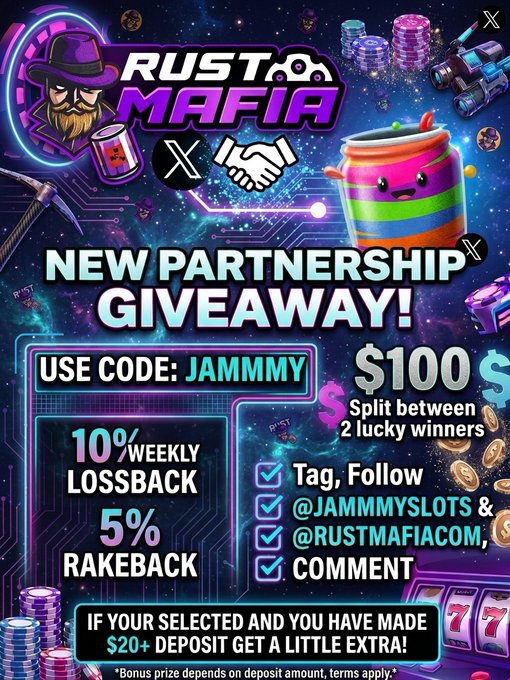 A vibrant promotional graphic announcing a "NEW PARTNERSHIP GIVEAWAY!" between Jammy Slots and Rust Mafia, featuring a $100 prize split between 2 lucky winners. The image displays the code "JAMMMY" along with perks including 10% Weekly Lossback, 5% Rakeback, and instructions to tag @JAMMYSLOTS & @RUSTMAFIACOM and comment to enter.