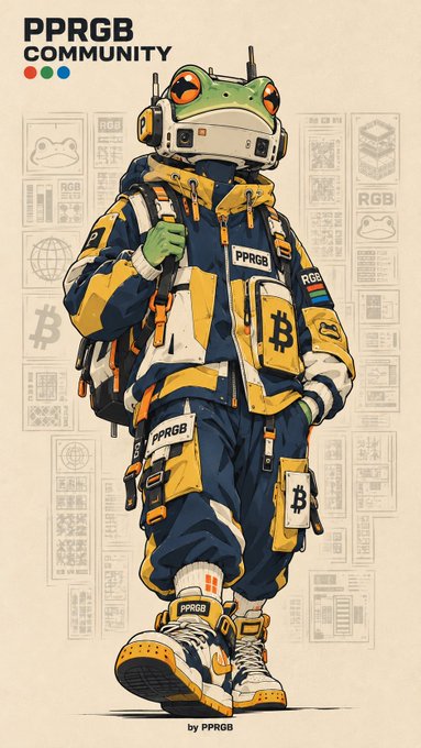 An illustration of a futuristic figure in a yellow and navy tech-style outfit and frog-like helmet, with 'PPRGB COMMUNITY' text at the top and Bitcoin logos featured on the suit.