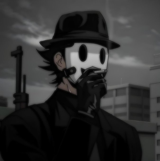 A grayscale illustration of a mysterious figure in a fedora and white mask smoking a cigarette on a rooftop overlooking a city.