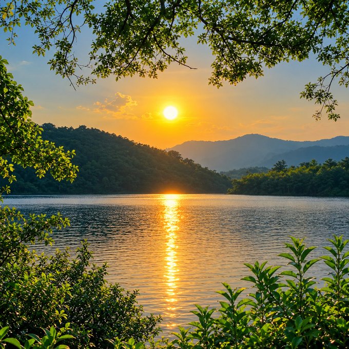 A scenic landscape features a vibrant sunset over a calm lake, with sun rays reflecting on the water, surrounded by green trees and distant mountains.