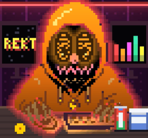 A pixel art meme depicting a hooded figure with a glowing face meditating, with 'REKT' displayed on a screen behind them and charts showing losses, referencing cryptocurrency trading losses.
