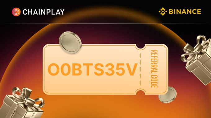 A promotional banner for 'CHAINPLAY' featuring a 'REFERRAL CODE' ticket displaying the code 'OOBTS35V' alongside the 'BINANCE' logo and gift box graphics.