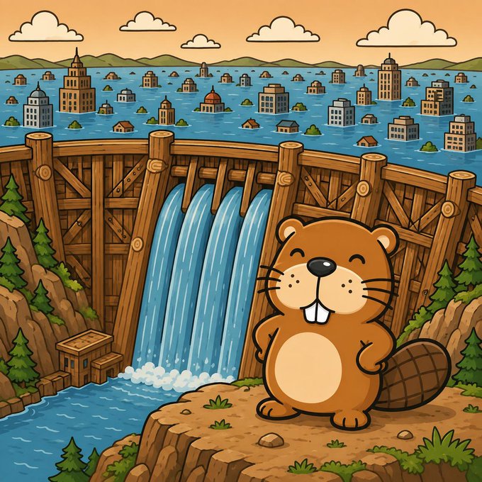 A cheerful cartoon beaver stands proudly beside a wooden dam with cascading water, overlooking a flooded cityscape in the background. The image ties directly to the post's hype around $Chonketha as the next animal memecoin to reach a billion, using the beaver's iconic dam-building behavior as the central visual metaphor.
