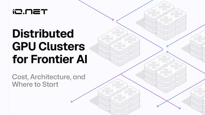The image is a promotional banner for io.net titled "Distributed GPU Clusters for Frontier AI: Cost, Architecture, and Where to Start," featuring an isometric illustration of connected GPU server clusters with directional arrows symbolizing distributed networking. The accompanying post highlights io.net's cost advantage for a 64 GPU H100 fine-tuning task over 10 days, comparing $22,886 on io.net against $62,918 on AWS on-demand, reinforcing the banner's focus on affordable distributed GPU infrastructure versus hyperscaler pricing.