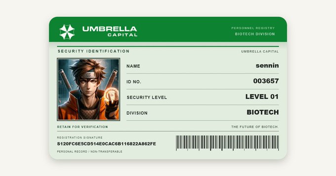 The image shows a fictional "Umbrella Capital" security ID card styled after Resident Evil's iconic employee badges, featuring an anime-style ninja character (named "sennin," ID 003657) listed under the Biotech Division. The card ties into the post as a personalized membership-style badge for the @umbrellacap_ account, likely given as a visual identity to new community members who join using the shared invite codes.