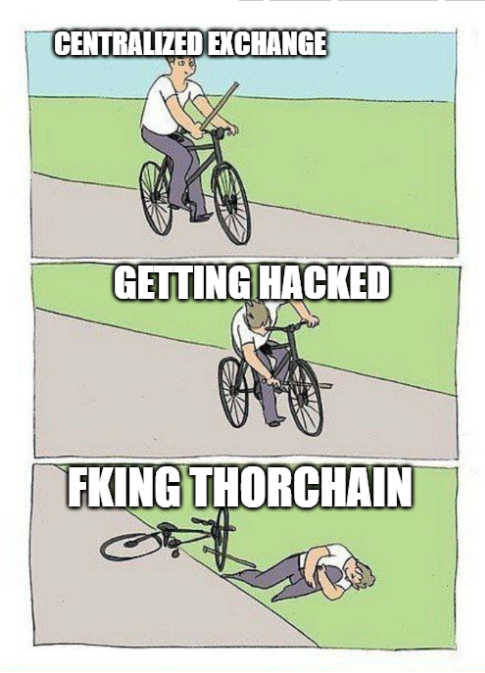 A three-panel meme depicting 'Centralized Exchange' riding a bike, 'Getting Hacked' removing a stick from the wheel, and 'Fking Thorchain' showing the rider crashed on the ground.