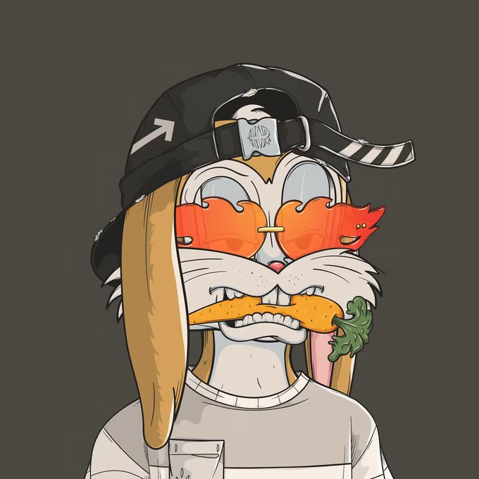A digital illustration of a cartoon rabbit-like character wearing a backwards black cap and red-tinted sunglasses shaped like fish, biting into a carrot.
