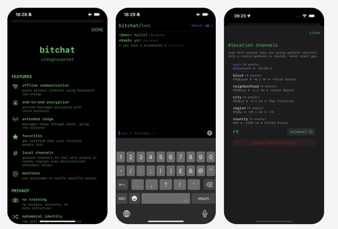 Three iPhone screenshots displaying the bitchat app interface, showing features like offline communication via Bluetooth, a chat screen with a keyboard, and a location channels list.