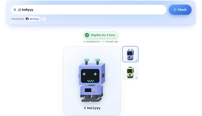A bot eligibility checker interface showing the username '@hollyyy' is eligible for 2 bots, with a pixel-art robot mascot displayed.
