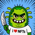 Cartoon image of a green COVID virus character with an angry expression, holding a knife and wearing a white shirt that reads 'I ❤️ NFTs'.