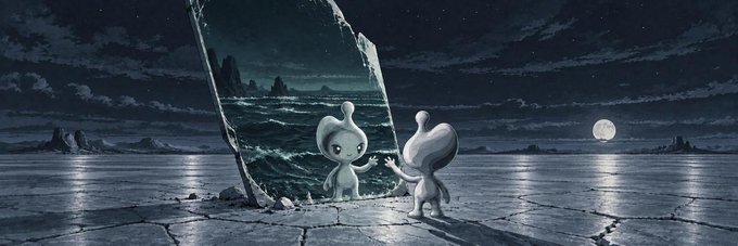 The image depicts a surreal nighttime scene where a small white creature with a bulbous head stands before a large mirror-like portal showing a stormy sea, reaching out to touch its own reflection under a full moon. This mirrors the NFT activation event described, symbolizing the act of "reflecting" or transforming chaos ($CHAOS) through the mirror into something tangible, with the moonlit isolation emphasizing the seven-day reward distribution period mentioned.