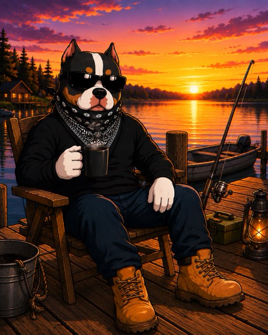 An illustration depicts a Boston Terrier-style dog wearing sunglasses and a bandana, holding a mug while sitting on a wooden dock at sunset with a boat and fishing rod nearby.