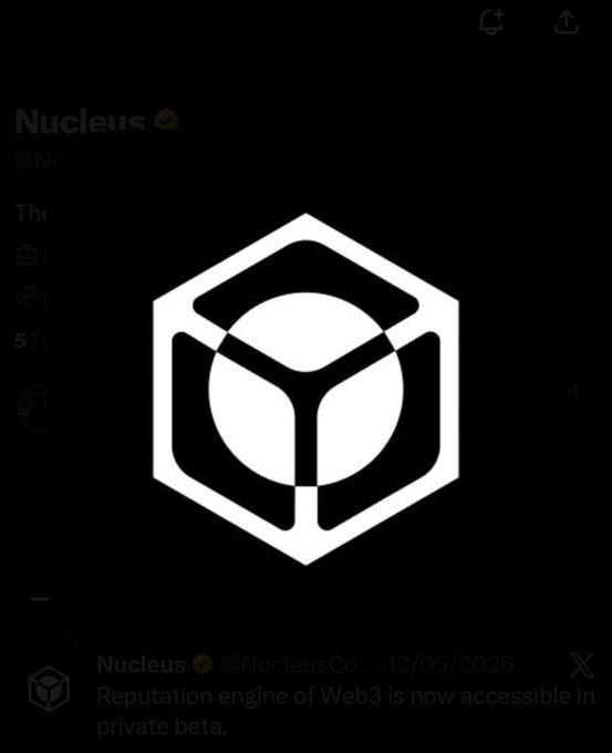 A black screen displaying a white geometric cube logo, with a social media post from 'Nucleus @NucleusCo...' dated '12/05/2026' stating 'Reputation engine of Web3 is now accessible in private beta.'