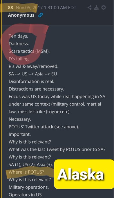 A screenshot of a conspiracy theory post dated Nov 05, 2017 by 'Anonymous' listing cryptic predictions including 'Ten days. Darkness. Scare tactics (MSM)' and various references to SA, US, Asia, and military operations, with 'Alaska' highlighted in a yellow box.