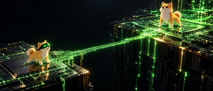 Two Shiba Inu dogs appear as 3D figures standing on illuminated green circuit boards against a dark background.