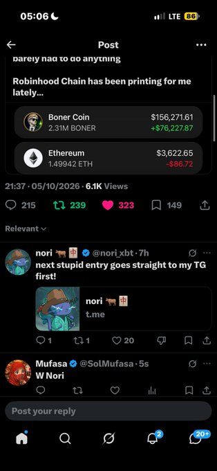 A social media post screenshot shows crypto portfolio holdings including 'Boner Coin' ($156,271.61, +$76,227.87) and 'Ethereum' ($3,622.65, -$86.72), with caption 'dareiy naa to do anything Robinhood Chain has been printing for me lately...'