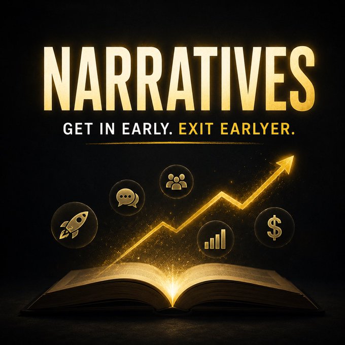 The image features a book open, revealing its pages filled with various symbols and icons related to cryptocurrency. The book appears to be a narrative about the crypto world, possibly discussing the rise of Bitcoin or other cryptocurrencies. The background of the image is black, which contrasts with the gold elements in the foreground, making them stand out more prominently. The text "NARRATIVES" is written at the top of the image, and below it, there are five icons representing different aspects of cryptocurrency narratives. These icons include a rocket, a speech bubble, a dollar sign, a graph, and a handshake symbolizing agreement or collaboration between parties involved in the narrative.
