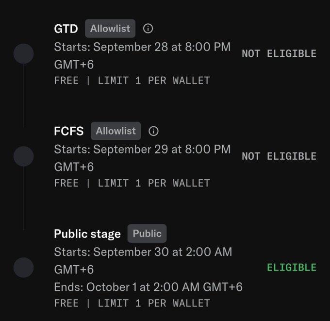 A schedule shows three stages for a token event: GTD (Allowlist) starting September 28 marked "NOT ELIGIBLE", FCFS (Allowlist) starting September 29 marked "NOT ELIGIBLE", and Public stage starting September 30 marked "ELIGIBLE", all with FREE | LIMIT 1 PER WALLET.