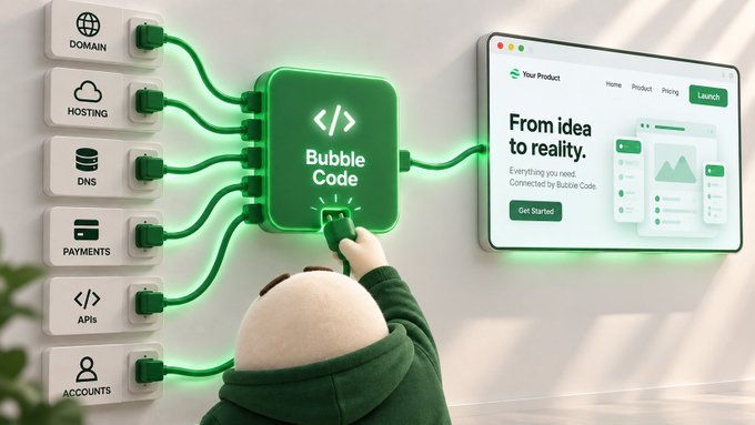 A person presses a glowing green "Bubble Code" button connected by cables to a vertical panel labeled with Domain, Hosting, DNS, Payments, APIs, and Accounts, which powers a browser window displaying "From idea to reality" with a "Get Started" button. The image visually illustrates the post's message by showing Bubble Code as the central hub linking all the essential infrastructure components needed to launch a product.