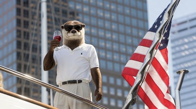 An otter wearing sunglasses and a white polo shirt holding a glass of red wine, standing on a boat next to an American flag with skyscrapers in the background.