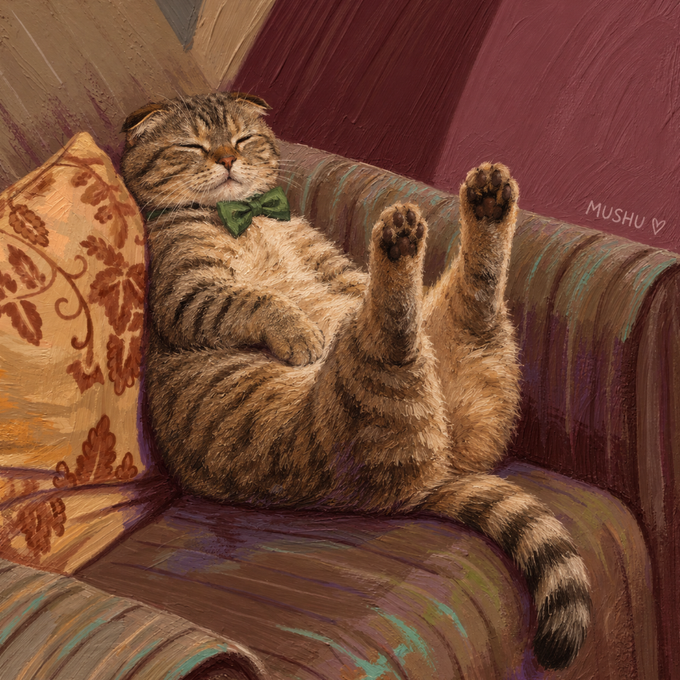 A digital painting of a chubby tabby cat sleeping on its back with paws in the air on a striped couch, wearing a green bow tie, signed 'MUSHU' with a small heart.