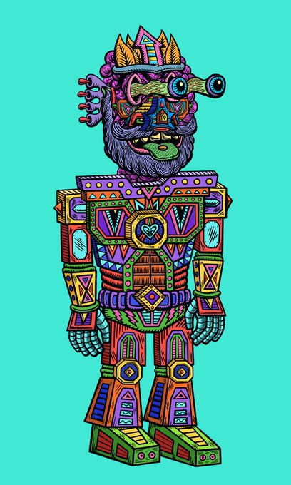 A vibrantly colored, intricately patterned robot figure with a bearded face, glasses, and decorative elements stands against a bright green background.