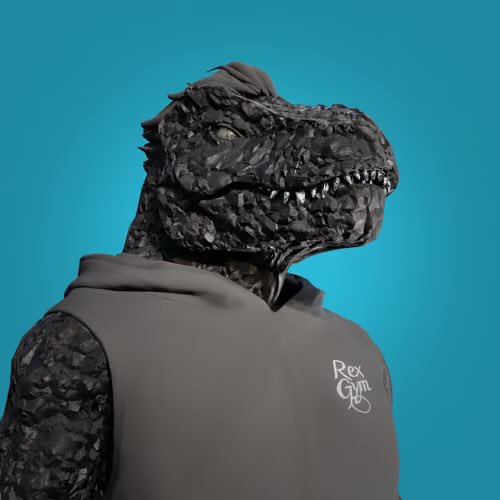 A 3D render of a realistic black T-Rex dinosaur wearing a grey sleeveless hoodie with 'Rex Gumi' text on the chest against a blue background.