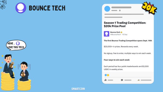 A promotional graphic for 'BOUNCE TECH' Season 1 Trading Competition featuring a $20k Prize Pool, with cartoon characters and details about the September 14th launch.