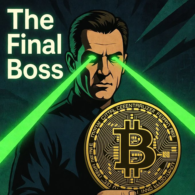 A stylized comic-style illustration titled 'The Final Boss' depicting a stern man with glowing green laser eyes, holding a large golden Bitcoin coin in the foreground.