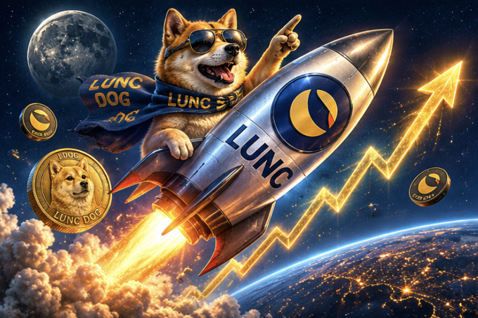 The image features a dog wearing sunglasses, riding a rocket ship with the words "LUNC" written on its side. The rocket ship has a blue and yellow logo on top of it. The background shows a planet and stars, creating an otherworldly atmosphere. The caption for the image reads, "LDOG is joining LDOG... With the popularity of $LUNC, LDOG stands out on the BSC network. Therefore, we are dedicating all our efforts to developing LDOG."