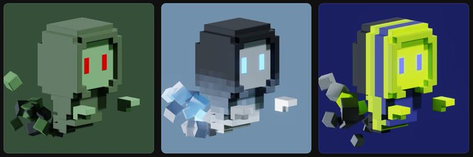 Three pixelated voxel-style character avatars are displayed side by side on dark backgrounds, each featuring a hooded figure with glowing eyes in green, blue, and yellow color schemes. The image appears to showcase Meebits NFT collectibles, which are voxel-based characters, likely being featured or traded on Clutch Markets as referenced in the post.