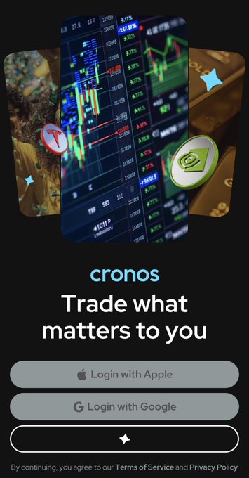 The image shows a mobile app login screen for "cronos" with the tagline "Trade what matters to you," featuring a stylized background of stock charts, crypto coins, and gold bars above "Login with Apple," "Login with Google," and an email login option. The design visually reinforces the post's message that Cronos unifies access to tokenized stocks, crypto, and prediction markets under a single login.