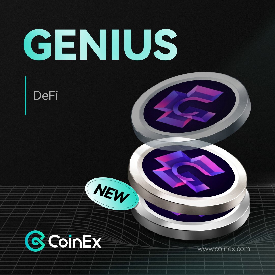 The image features a coin with purple and blue colors, which has the word "genius" written above it. The coin is placed on top of two other coins, one silver and one gold. Below these coins, there are three lines of text that read "New Listing #GENIUS Trading Pair: GENIUS / $USDT Deposit & Withdrawal: 10:00 on May 28 (UTC) Trading: 10:30 May 28 (UTC) Service: AMM, Spot Grid, and Auto-Invest Plan Learn more: coinex.com/en/info". The image is set against a black background with a grid pattern.