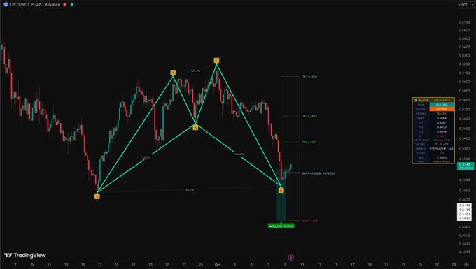 A 4-hour candlestick chart for the TWT/USD pair on Binance displays a bearish Gartley "Bat" harmonic pattern, with a potential long trade setup near the 0.886 Fibonacci retracement level at approximately $0.5502, targeting take profit levels at $0.5720, $0.5828, and $0.5998, with a stop loss around $0.6611.